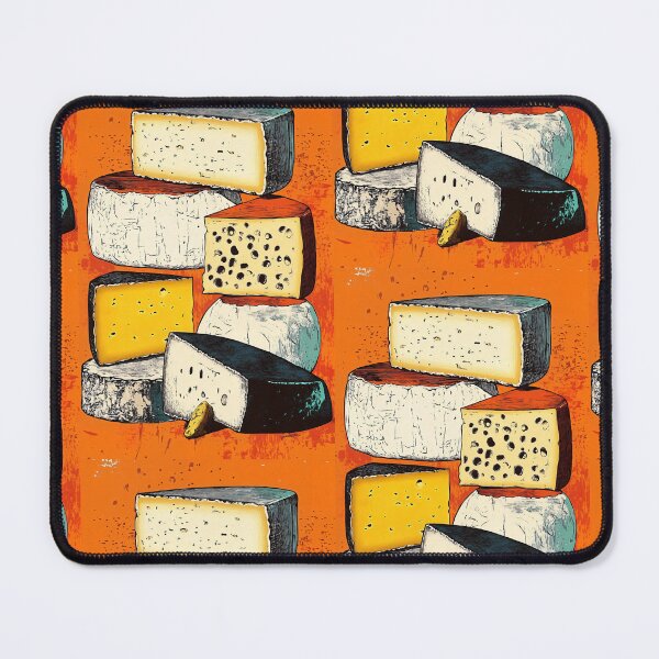 Item preview, A Tower of Artisan Cheeses Against Orange Background: A Bold Study in Texture, Pattern and Gourmet Diversity designed and sold by OlfactoART Studio.