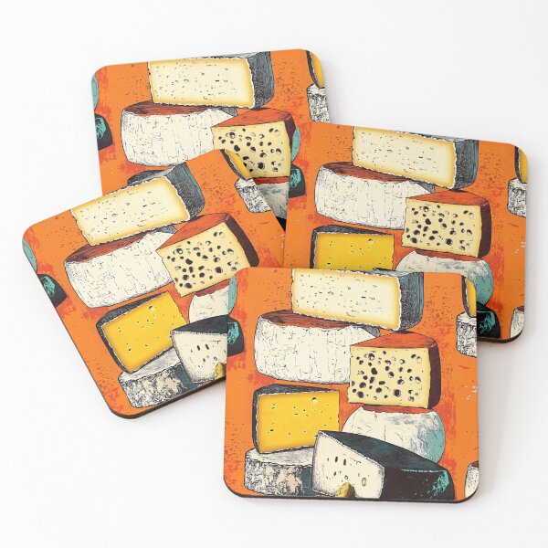 Item preview, A Tower of Artisan Cheeses Against Orange Background: A Bold Study in Texture, Pattern and Gourmet Diversity designed and sold by OlfactoART Studio.