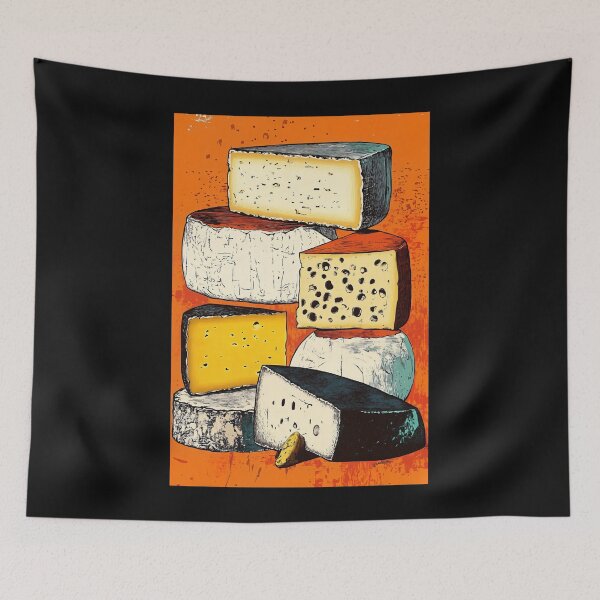 Item preview, A Tower of Artisan Cheeses Against Orange Background: A Bold Study in Texture, Pattern and Gourmet Diversity designed and sold by OlfactoART Studio.