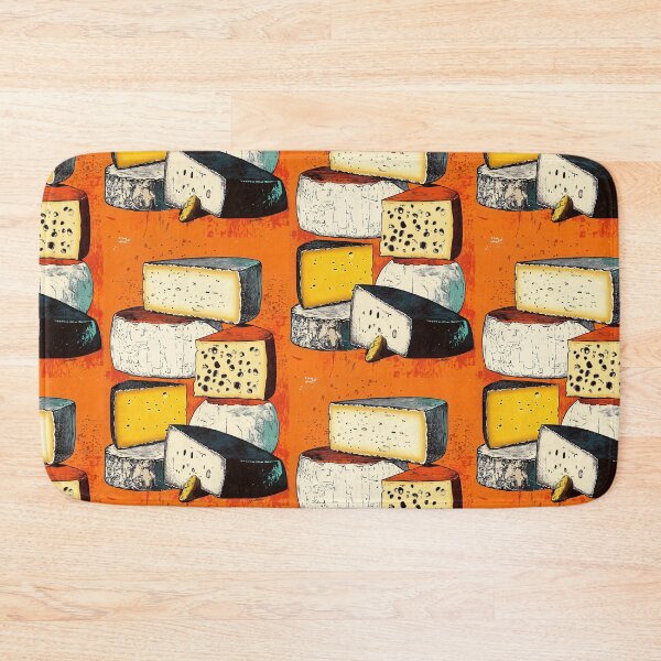 Item preview, A Tower of Artisan Cheeses Against Orange Background: A Bold Study in Texture, Pattern and Gourmet Diversity designed and sold by OlfactoART Studio.