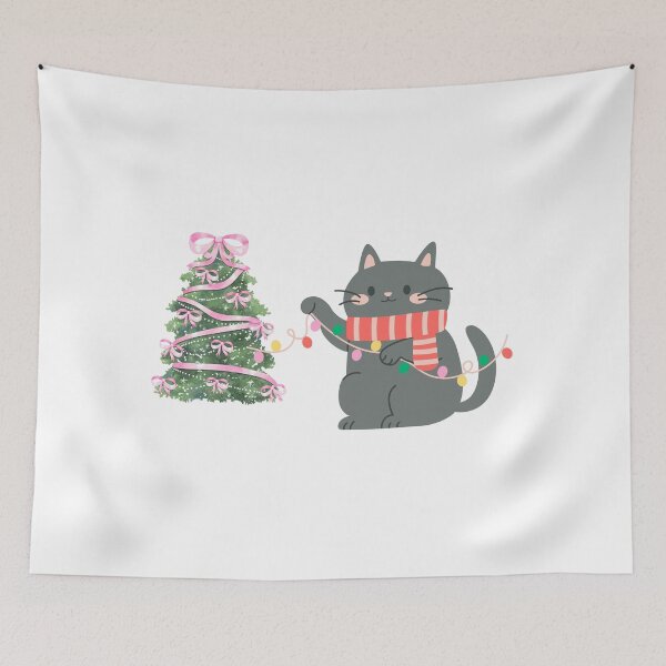 Item preview, The cat decorates the Christmas tree with Christmas lights. designed and sold by Designfs.