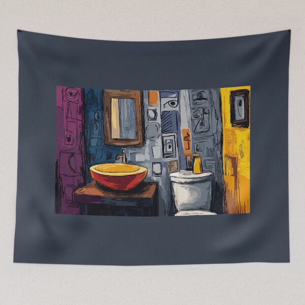 Item preview, A Colorful Bathroom with Red Sink and Yellow Walls: A Vibrant Exploration of Pattern and Design designed and sold by OlfactoART Studio.