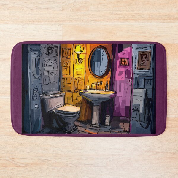 Item preview, A Geometric Cubist Bathroom in Warm Light Featuring Pedestal Sink, Toilet and Bold Patterns designed and sold by OlfactoART Studio.