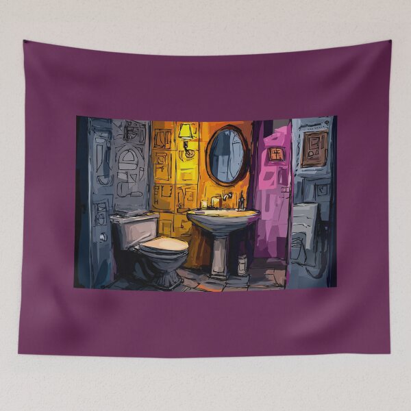 Item preview, A Geometric Cubist Bathroom in Warm Light Featuring Pedestal Sink, Toilet and Bold Patterns designed and sold by OlfactoART Studio.