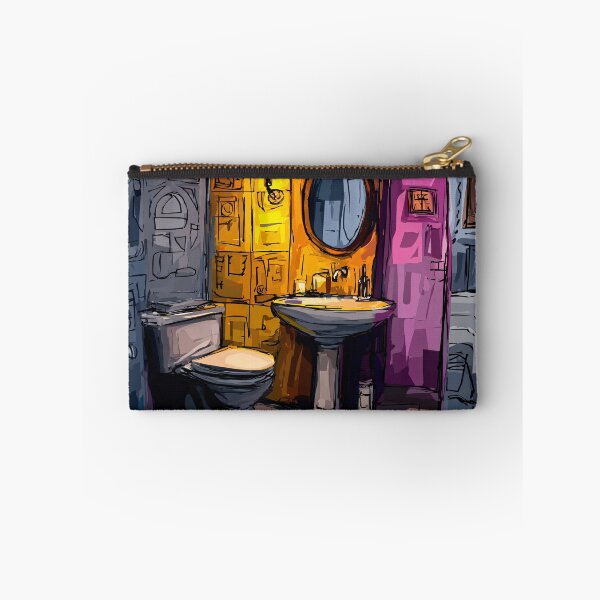 Item preview, A Geometric Cubist Bathroom in Warm Light Featuring Pedestal Sink, Toilet and Bold Patterns designed and sold by OlfactoART Studio.