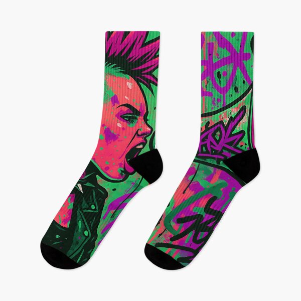 Item preview, Radical Voice - Punk Rock Girl Activism - Neon Green and Pink Mohawk Street Art designed and sold by AldenTees.