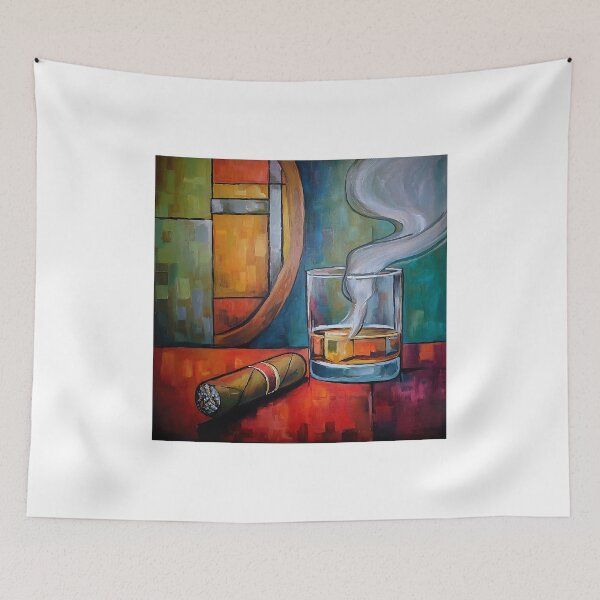 Item preview, Whiskey, Cigar and Curling Smoke: A Vibrant Abstract Scene of Relaxation and Style designed and sold by OlfactoART Studio.
