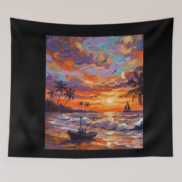 Item preview, Sunset Beach Tropical Palm Tree oil artwork  designed and sold by Fateh-Kro ⭐⭐⭐⭐⭐.