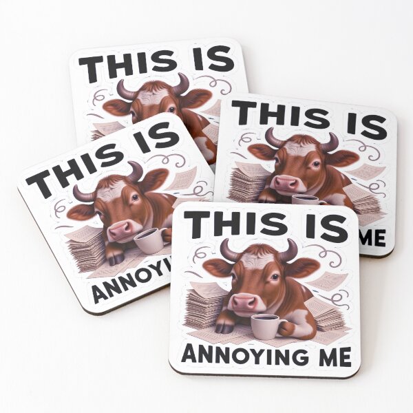 Item preview, Realistic Frustrated Cow with Coffee and Papers Sticker - This Is Annoying Me Meme Design designed and sold by ARTCREATESHOP.