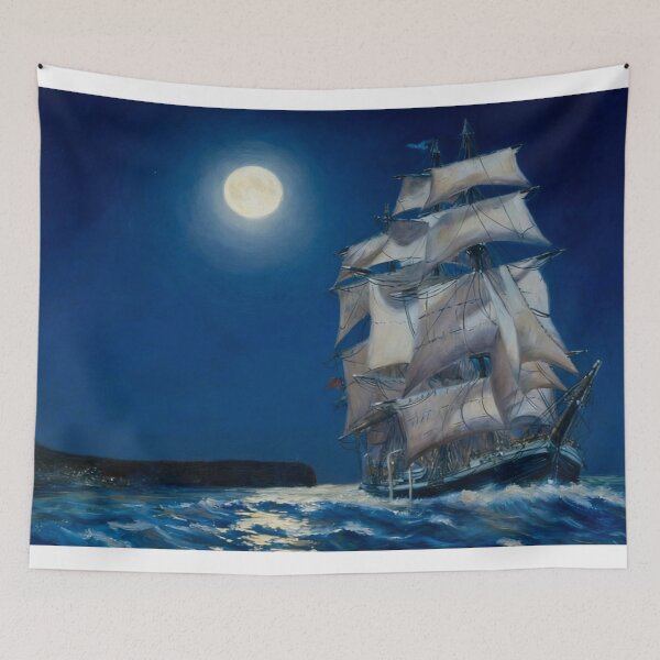 Item preview, Square Riged sailing ship leaving Javea Spain at night designed and sold by Mackenzie Moulton International Artist .