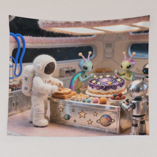 Item preview, Cosmic Kitchen Celebration Inside Cozy Space Station designed and sold by ArtComixHaven.