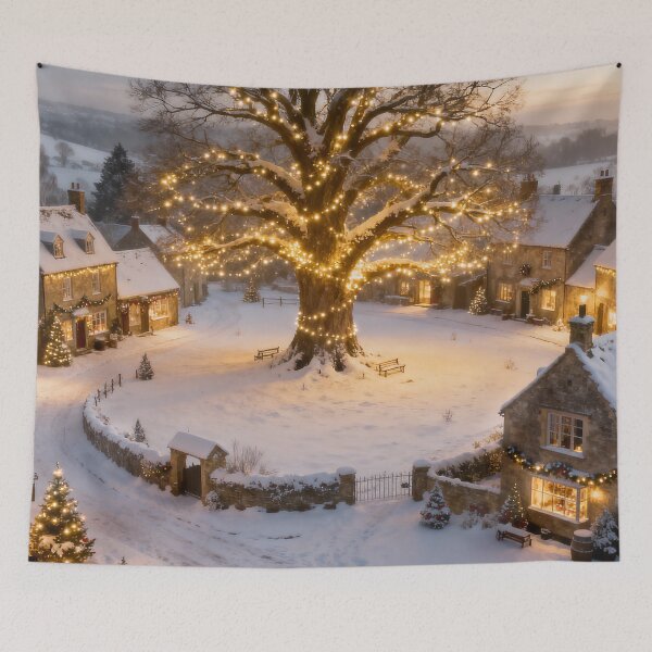 Item preview, Snowy Christmas Village Beneath Glowing Winter Tree designed and sold by ArtComixHaven.