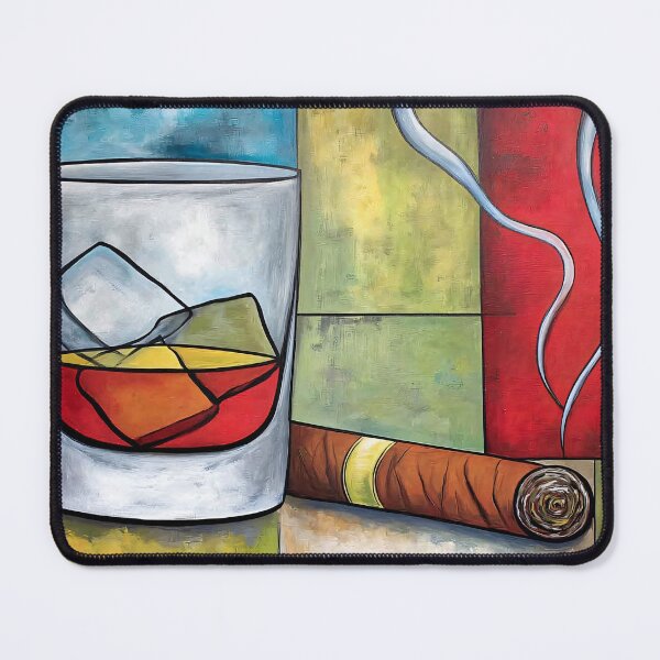 Item preview, Whiskey on the Rocks with a Lit Cigar: A Modern Still Life Set Against Bold Geometric Color designed and sold by OlfactoART Studio.