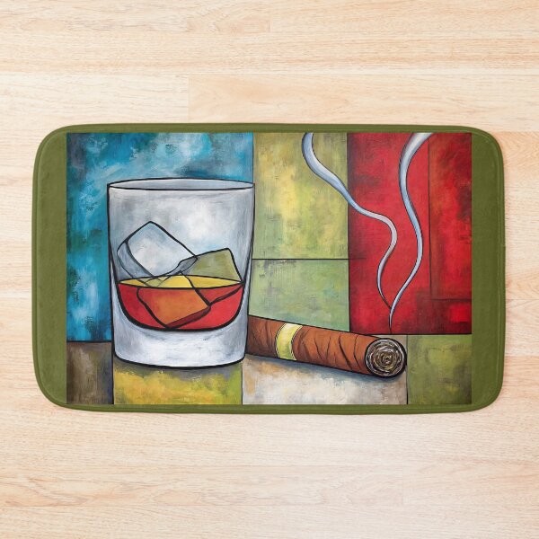 Artikelvorschau, Whiskey on the Rocks mit einer brennenden Zigarre: Ein modernes Stillleben vor einem Hintergrund aus kräftigen geometrischen Farben entworfen und verkauft von OlfactoART Studio.