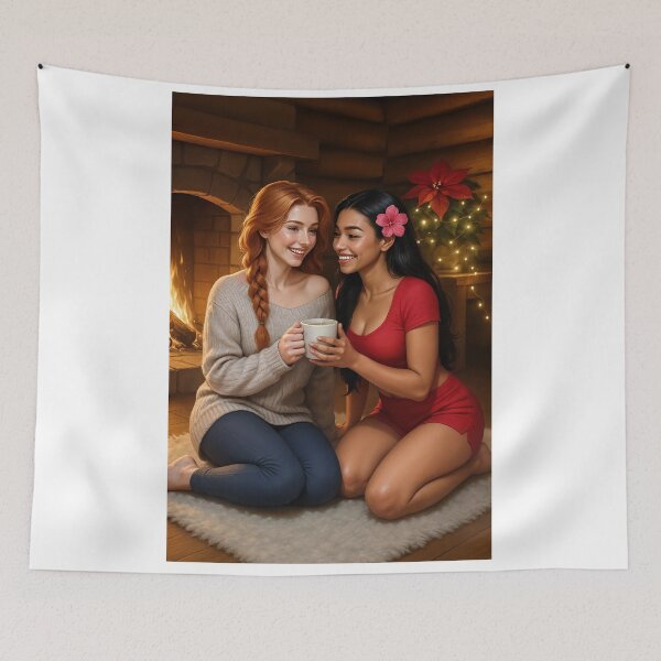 Item preview, Rowan x Shanti cozy cabin fireplace poinsettia designed and sold by CathryneDelamort.