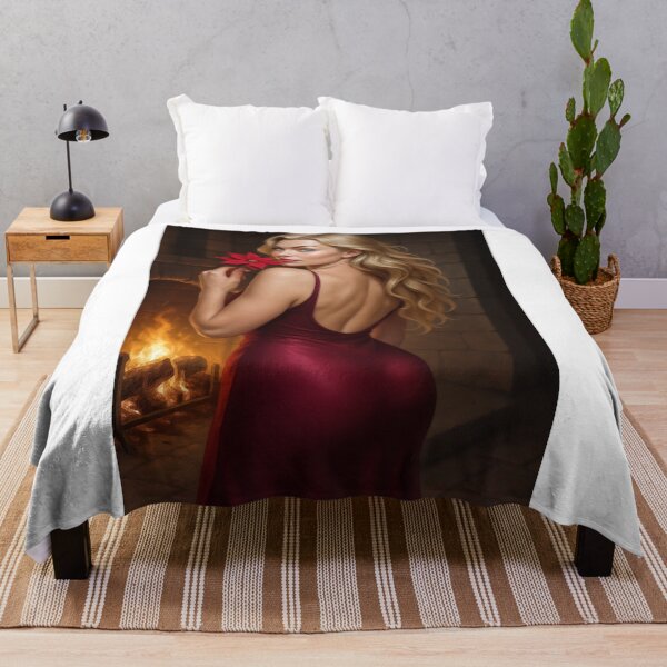 Item preview, Astrid in red gown holds poinsettia near fireplace designed and sold by CathryneDelamort.