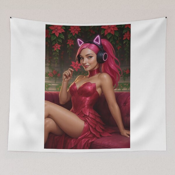 Item preview, Cathryne in red dress neon cat ears poinsettias designed and sold by CathryneDelamort.