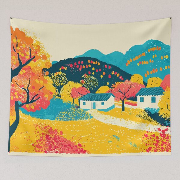 Aperçu de l'œuvre Illustration abstraite minimaliste d'un village d'automne coréen créée et vendue par LVTFCOarts.