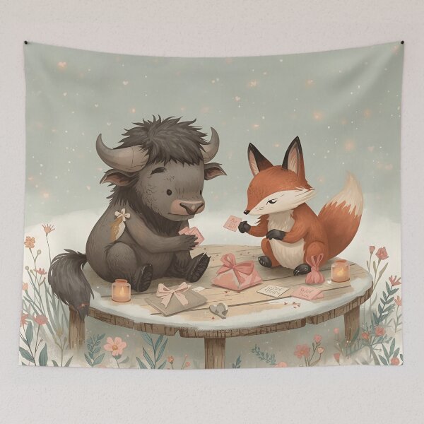 Item preview, Valentine’s Buffalo & Fox Couple • Whimsical Heart Trinket Prep Art designed and sold by WildlifeWhimsy.