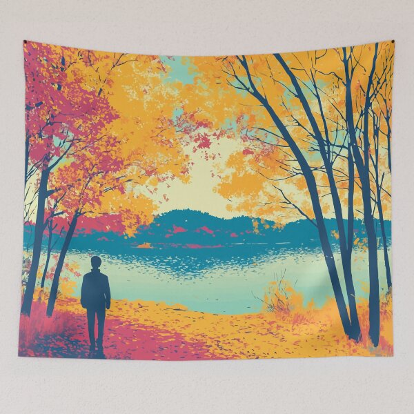 Aperçu de l'œuvre Homme au lac Fall, nature, illustration minimaliste abstraite créée et vendue par LVTFCOarts.