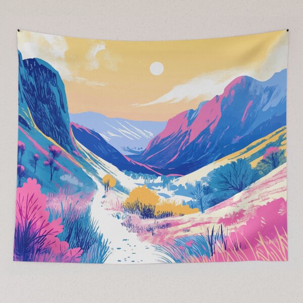 Aperçu de l'œuvre Illustration abstraite minimaliste d'un chemin de montagne pastel au coucher du soleil. créée et vendue par LVTFCOarts.