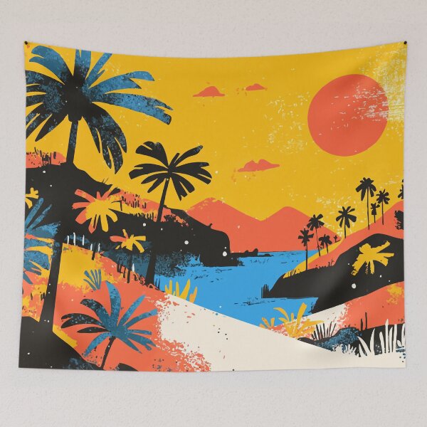 Aperçu de l'œuvre Crique tropicale, coucher de soleil orangé, nature, illustration abstraite minimaliste créée et vendue par LVTFCOarts.