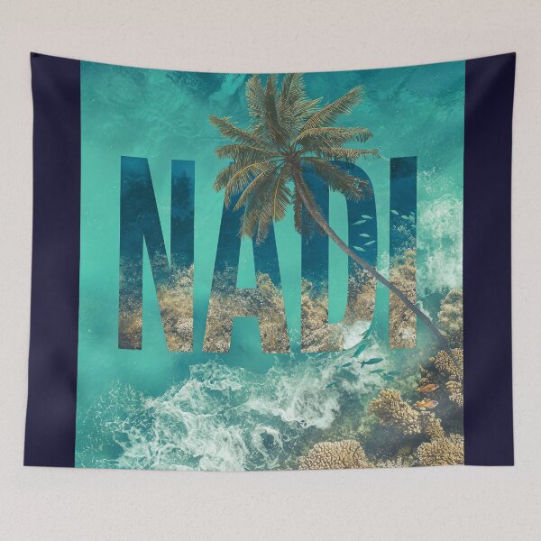 Item preview, Nadi Fiji motif with palm tree, coral reef and turquoise sea designed and sold by Meiersbeste.