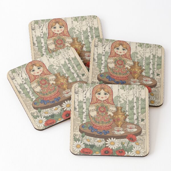 Item preview, Vintage Matryoshka Tea Poster With Birch Forest Flowers designed and sold by CoffeeinBloom.