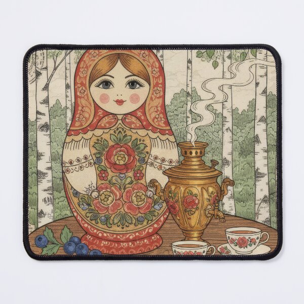 Item preview, Vintage Matryoshka Tea Poster With Birch Forest Flowers designed and sold by CoffeeinBloom.