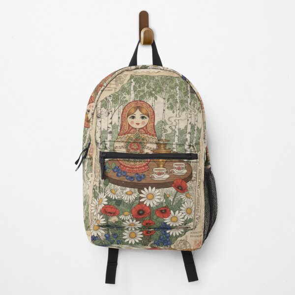 Item preview, Vintage Matryoshka Tea Poster With Birch Forest Flowers designed and sold by CoffeeinBloom.