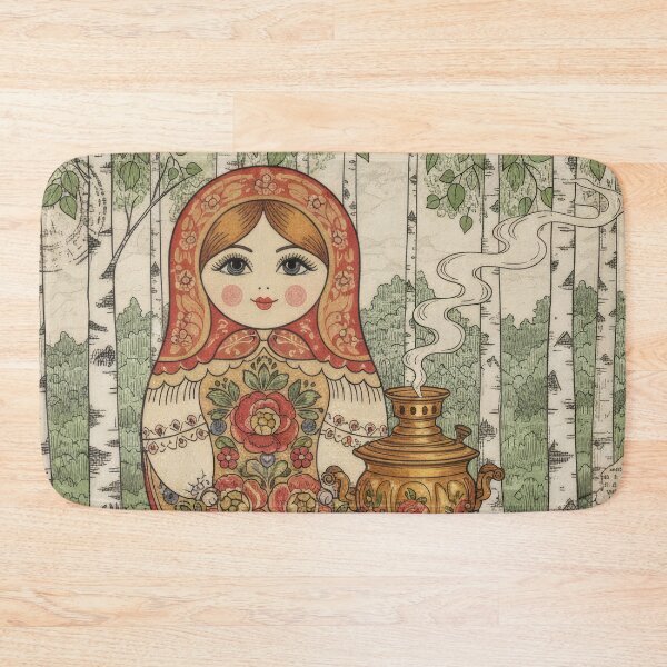 Item preview, Vintage Matryoshka Tea Poster With Birch Forest Flowers designed and sold by CoffeeinBloom.