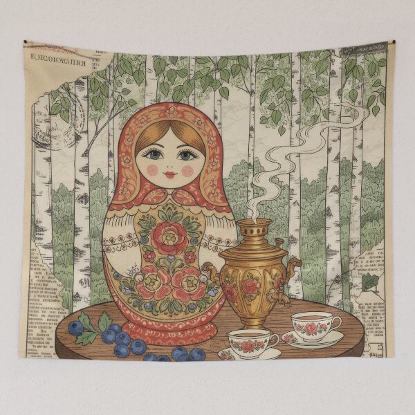 Item preview, Vintage Matryoshka Tea Poster With Birch Forest Flowers designed and sold by CoffeeinBloom.