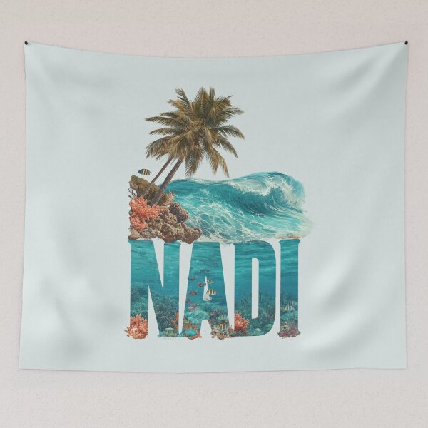 Item preview, Nadi Fiji motif with palm trees, wave and coral reef – Tropical island art designed and sold by Meiersbeste.