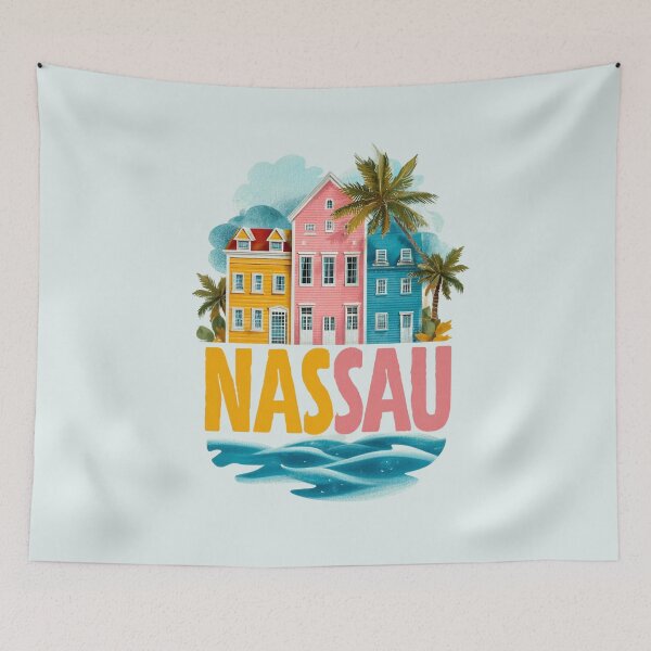 Item preview, Nassau Bahamas motif with pastel-colored houses, palm trees and sea designed and sold by Meiersbeste.