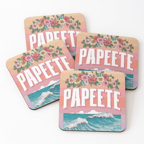 Item preview, Papeete Tahiti motif with flower wreath and waves – Pastel South Seas illustration designed and sold by Meiersbeste.