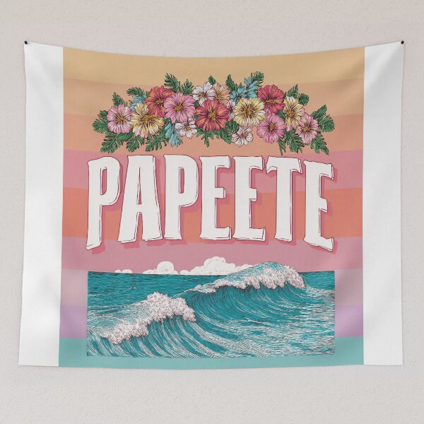 Item preview, Papeete Tahiti motif with flower wreath and waves – Pastel South Seas illustration designed and sold by Meiersbeste.