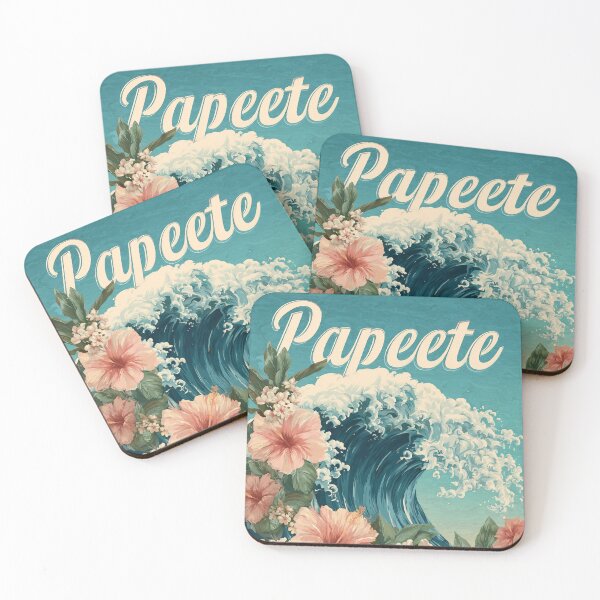 Item preview, Papeete Tahiti Poster with hibiscus flowers and large wave – South Seas beach motif designed and sold by Meiersbeste.