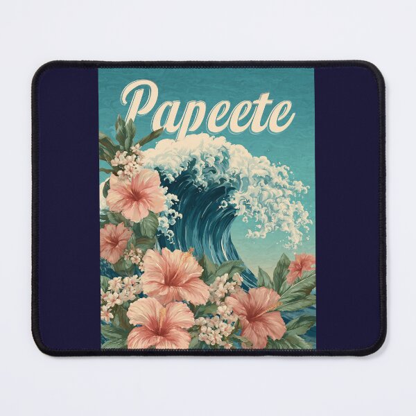 Item preview, Papeete Tahiti Poster with hibiscus flowers and large wave – South Seas beach motif designed and sold by Meiersbeste.