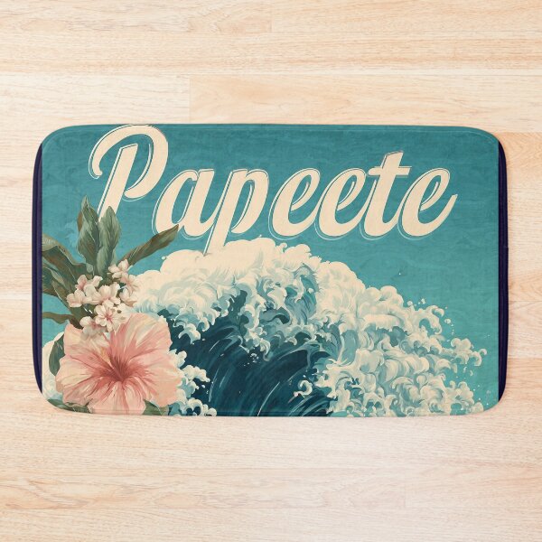 Item preview, Papeete Tahiti Poster with hibiscus flowers and large wave – South Seas beach motif designed and sold by Meiersbeste.