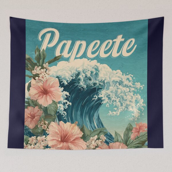 Item preview, Papeete Tahiti Poster with hibiscus flowers and large wave – South Seas beach motif designed and sold by Meiersbeste.