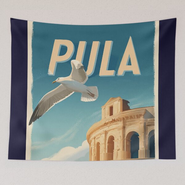 Item preview, Pula Croatia poster with Roman arena and seagull – vintage travel motif designed and sold by Meiersbeste.