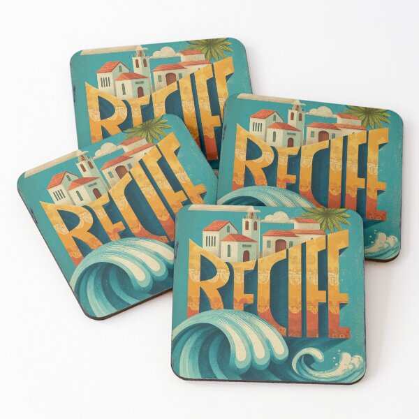Item preview, Recife, Brazil motif with colonial houses and a large ocean wave – Retro coastal poster designed and sold by Meiersbeste.