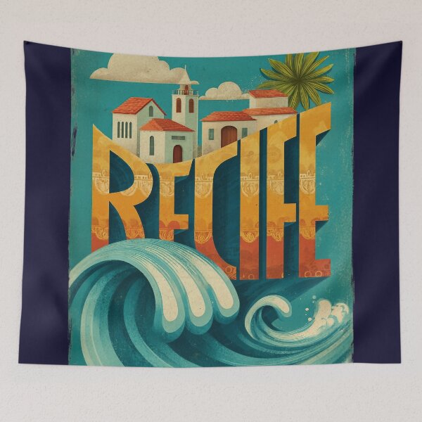 Item preview, Recife, Brazil motif with colonial houses and a large ocean wave – Retro coastal poster designed and sold by Meiersbeste.