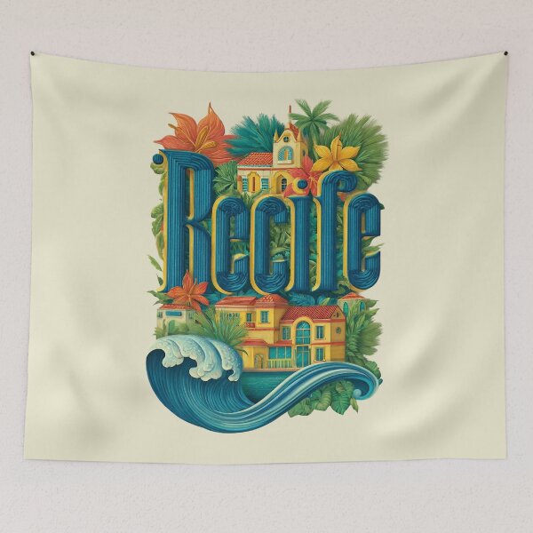 Item preview, Recife, Brazil motif with colonial houses, palm trees and waves – Tropical city illustration designed and sold by Meiersbeste.
