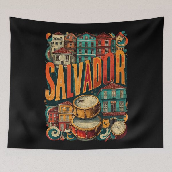 Item preview, Salvador da Bahia motif with colorful colonial houses and drums – Brazilian art designed and sold by Meiersbeste.