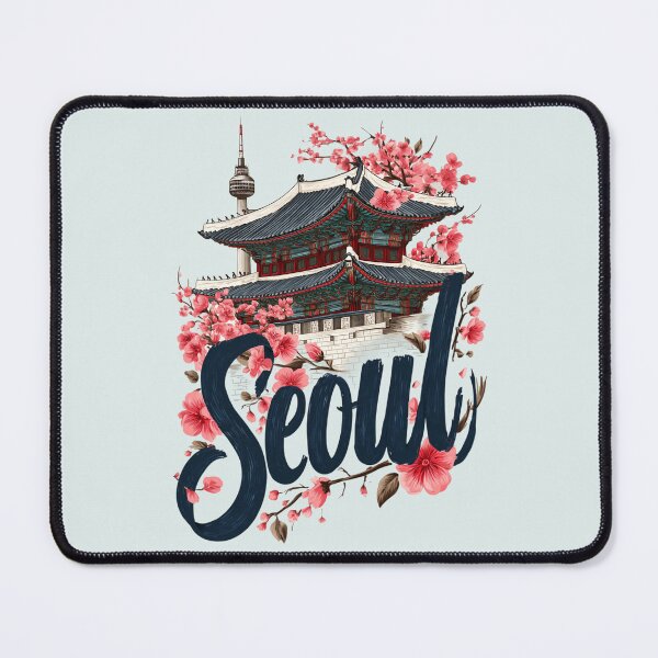 Item preview, Seoul, South Korea motif with palace roof, cherry blossoms and city skyline designed and sold by Meiersbeste.