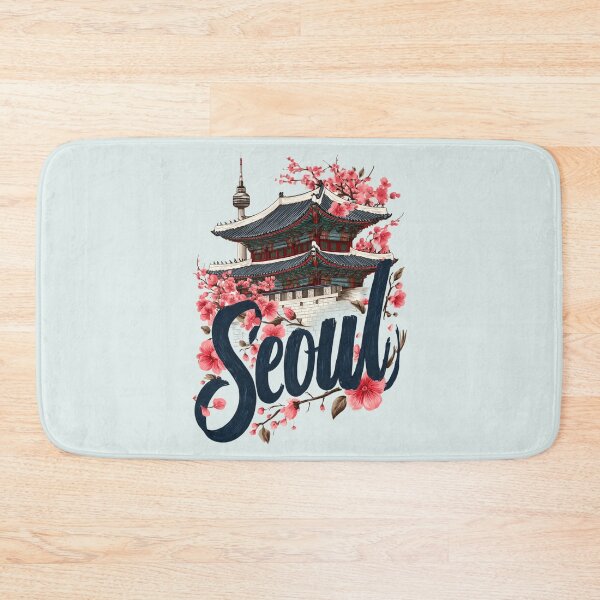 Item preview, Seoul, South Korea motif with palace roof, cherry blossoms and city skyline designed and sold by Meiersbeste.