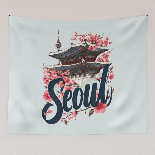 Item preview, Seoul, South Korea motif with palace roof, cherry blossoms and city skyline designed and sold by Meiersbeste.