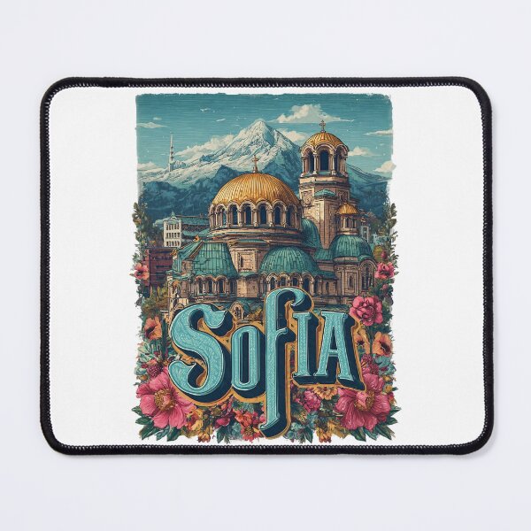 Item preview, Sofia, Bulgaria. Motif with Alexander Nevsky Cathedral, mountains and flower frame. designed and sold by Meiersbeste.