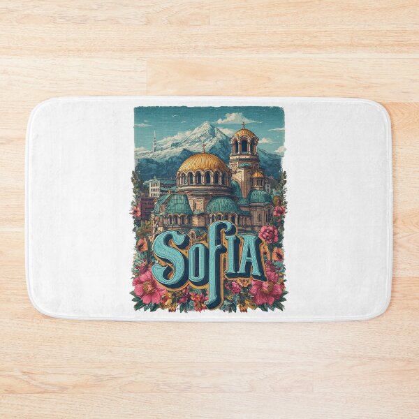 Item preview, Sofia, Bulgaria. Motif with Alexander Nevsky Cathedral, mountains and flower frame. designed and sold by Meiersbeste.